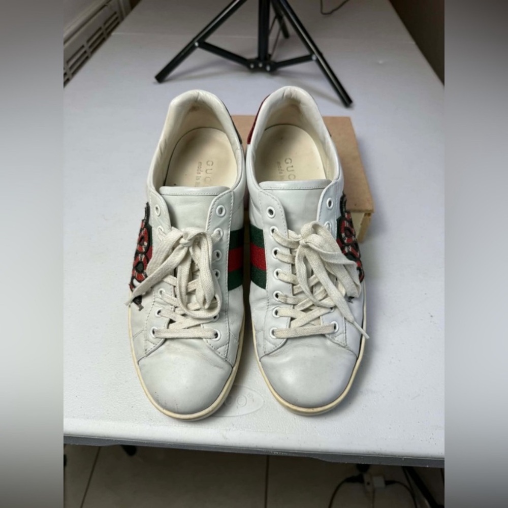 Mens Gucci Ace Embroidered Low Top Sneaker White Leather Snake Size 8 Used - Picture 3 of 16